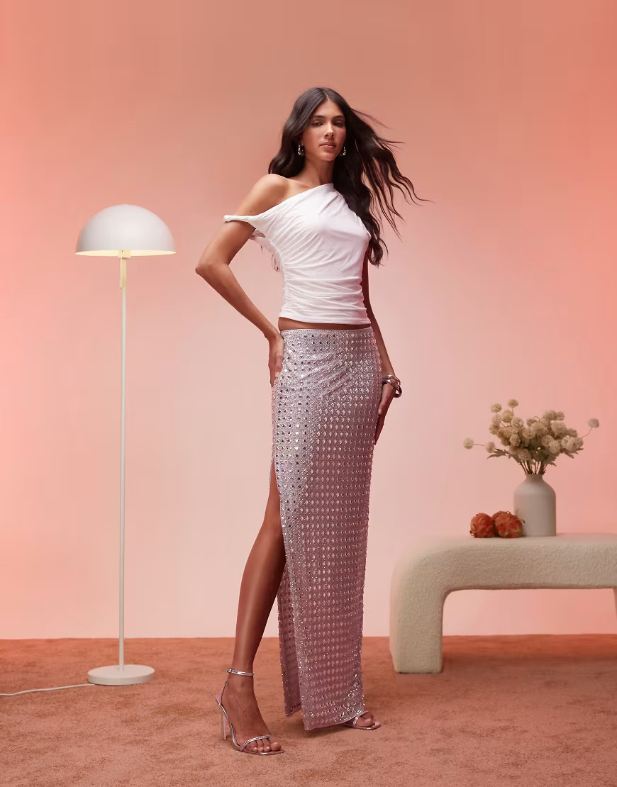 Oh Polly Siona embellished maxi skirt in silver | ASOS (Global)