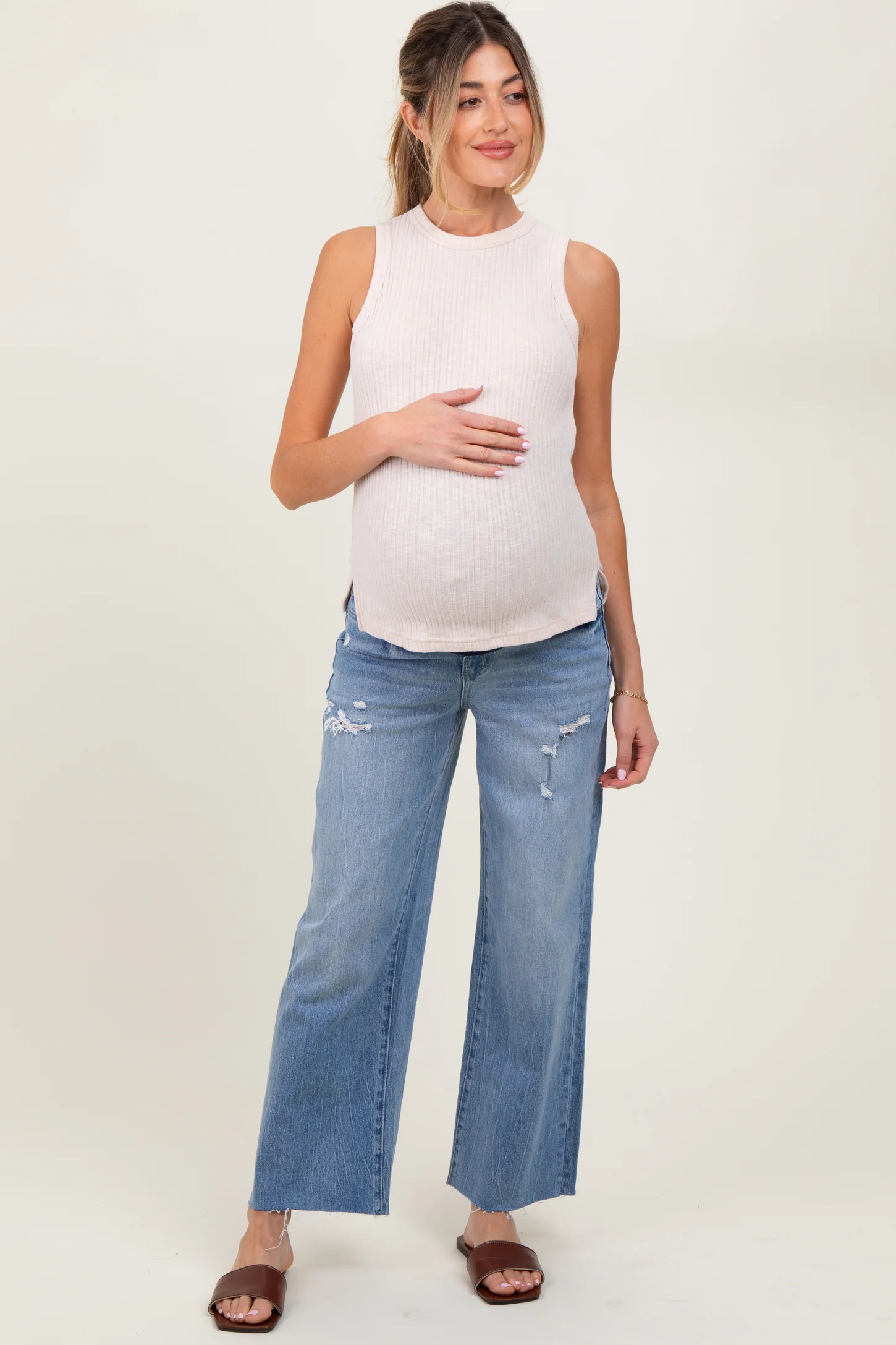 Blue Distressed Raw Hem Cropped Wide Leg Maternity Jeans | PinkBlush Maternity