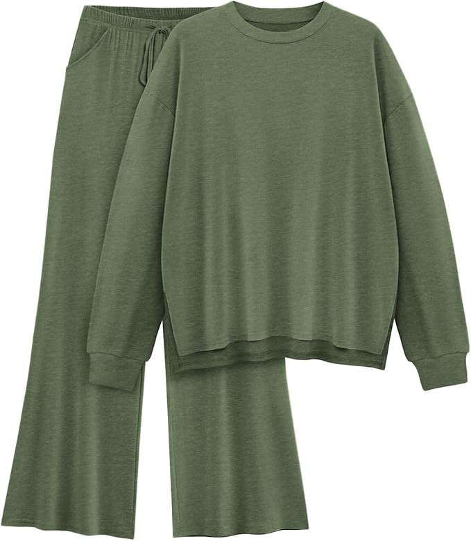 Womens Lounge Set 2025 Fall 2 Piece Outfits Long Sleeve Tops Wide Leg Long Pants Cozy Matching Se... | Amazon (US)