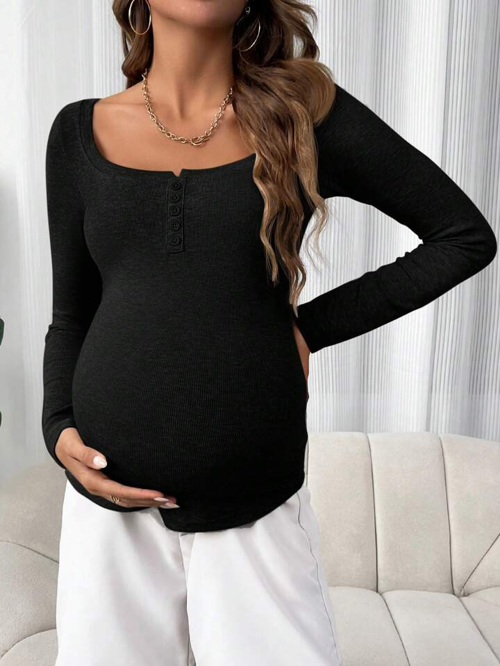 SHEIN Maternity Casual Solid Color Long Sleeve Slim Fit T-Shirt, Spring/Autumn | SHEIN