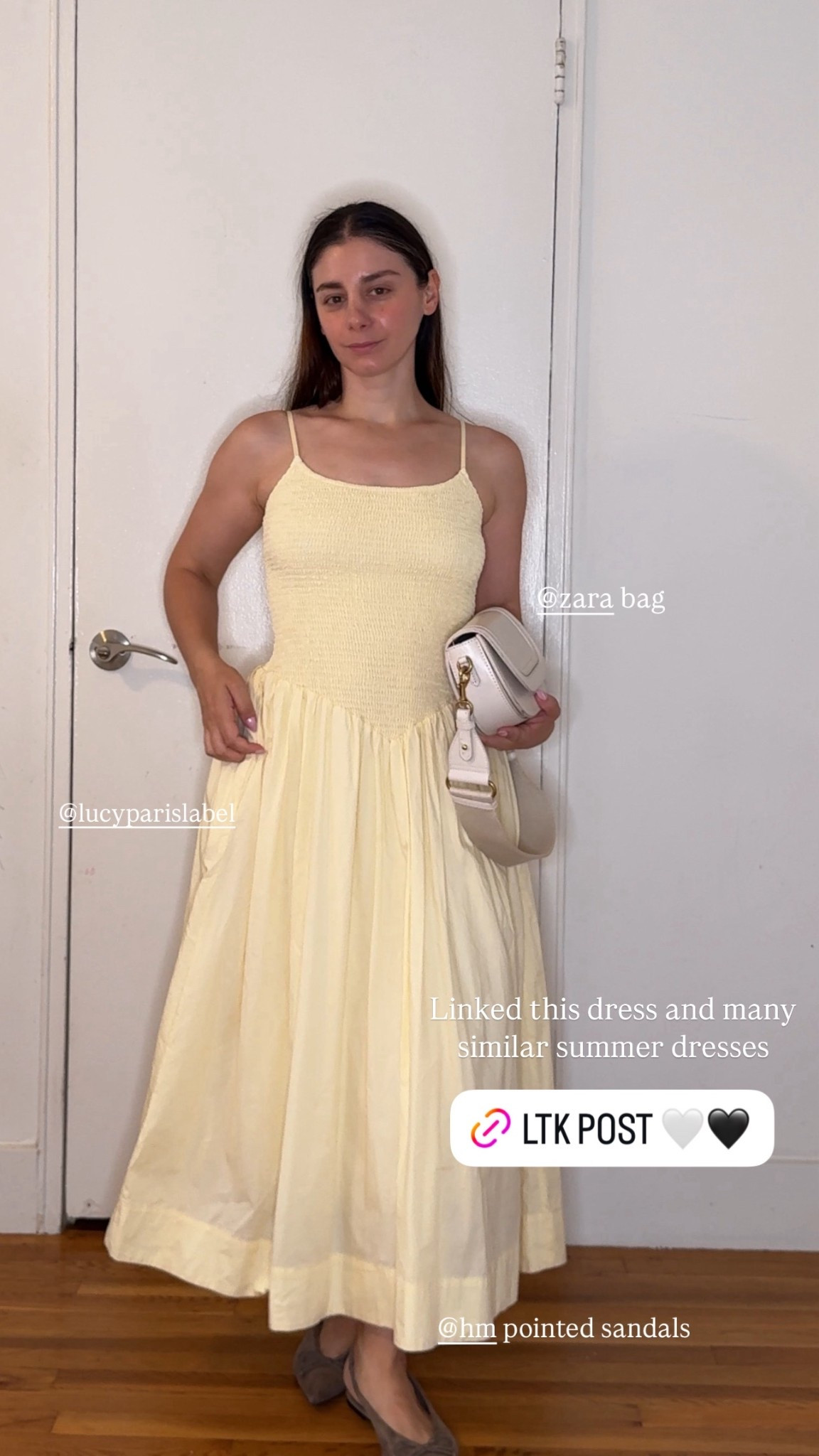 But a yellow dress styled with a white bag and taupe brown pointed sling back flats 

#LTKStyleTip
