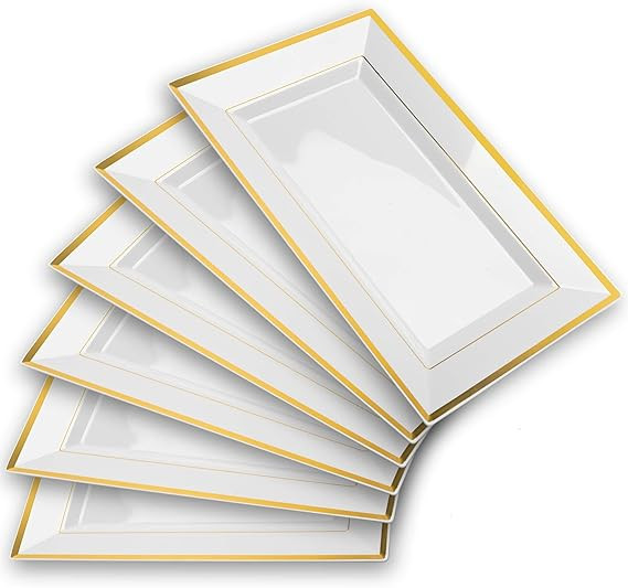 Mint Living - Elegant Plastic Serving Tray & Platter Set (6pk) - White & Gold Rim Disposable Serv... | Amazon (US)
