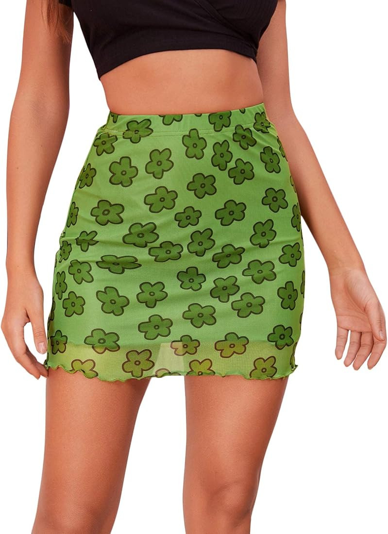 Verdusa Women's Floral Mesh Overlay Elastic Waist Bodycon Mini Skirt | Amazon (US)