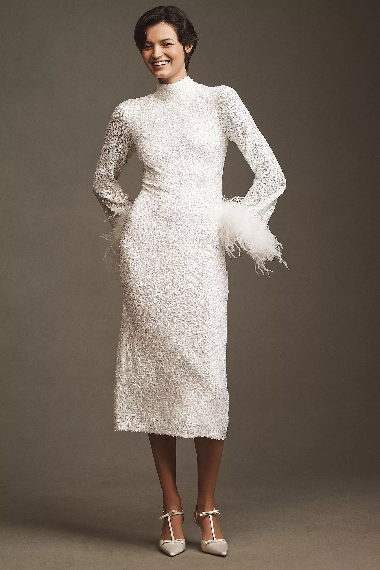 Hutch Long-Sleeve Mock-Neck Faux-Feather Sequin Column Midi Dress | Anthropologie (US)