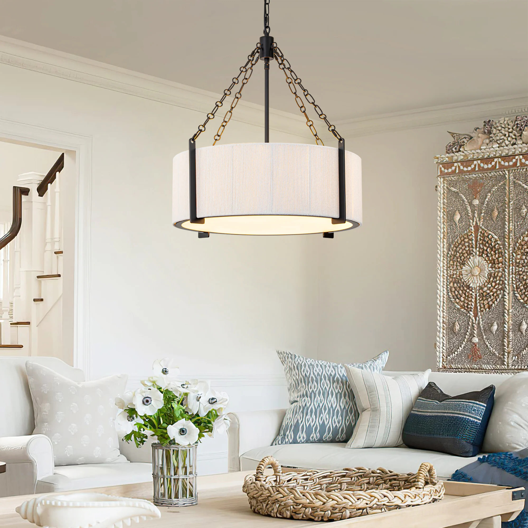 Zjvaive 21.3-in 5-Light Matte Black Modern Farmhouse Chandelier With Hand-Woven Fabric Drum Shade one_size | D9078M-5-B+N-E | Lowe's