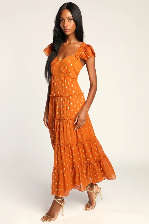 Drops of Sunshine Rust Orange Polka Dot Ruffle Tiered Maxi Dress | Lulus (US)