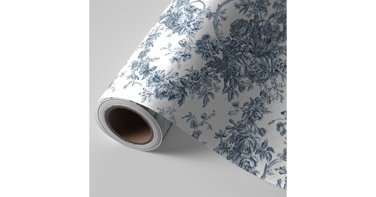 Elegant Vintage French Engraved Floral Toile-Blue Wrapping Paper | Zazzle | Zazzle