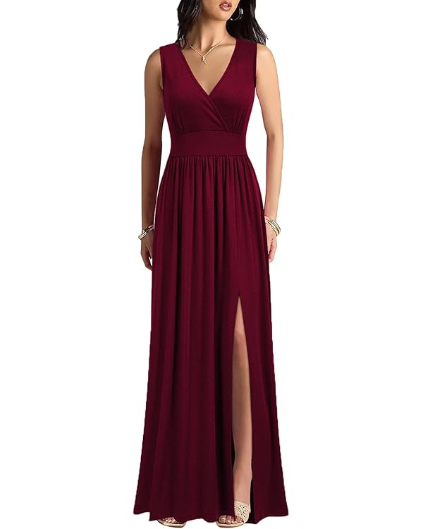 WOOSEA Women Sleeveless Deep V Neck Split Loose Sexy Plain Long Maxi Casual Dress | Amazon (US)