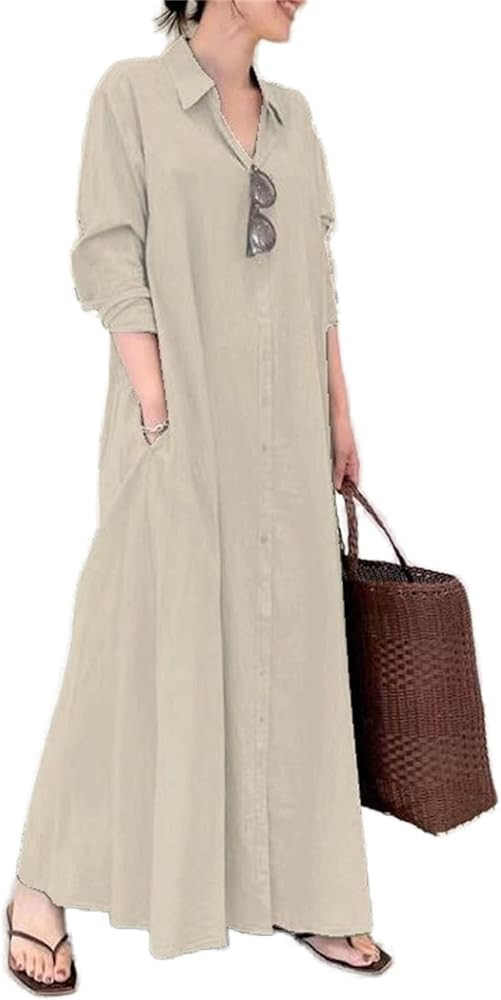 Womens Cotton Linen Button Down Shirt Dress Casual V Neck Long Sleeve Basic Loose Fit Maxi Dresse... | Amazon (US)