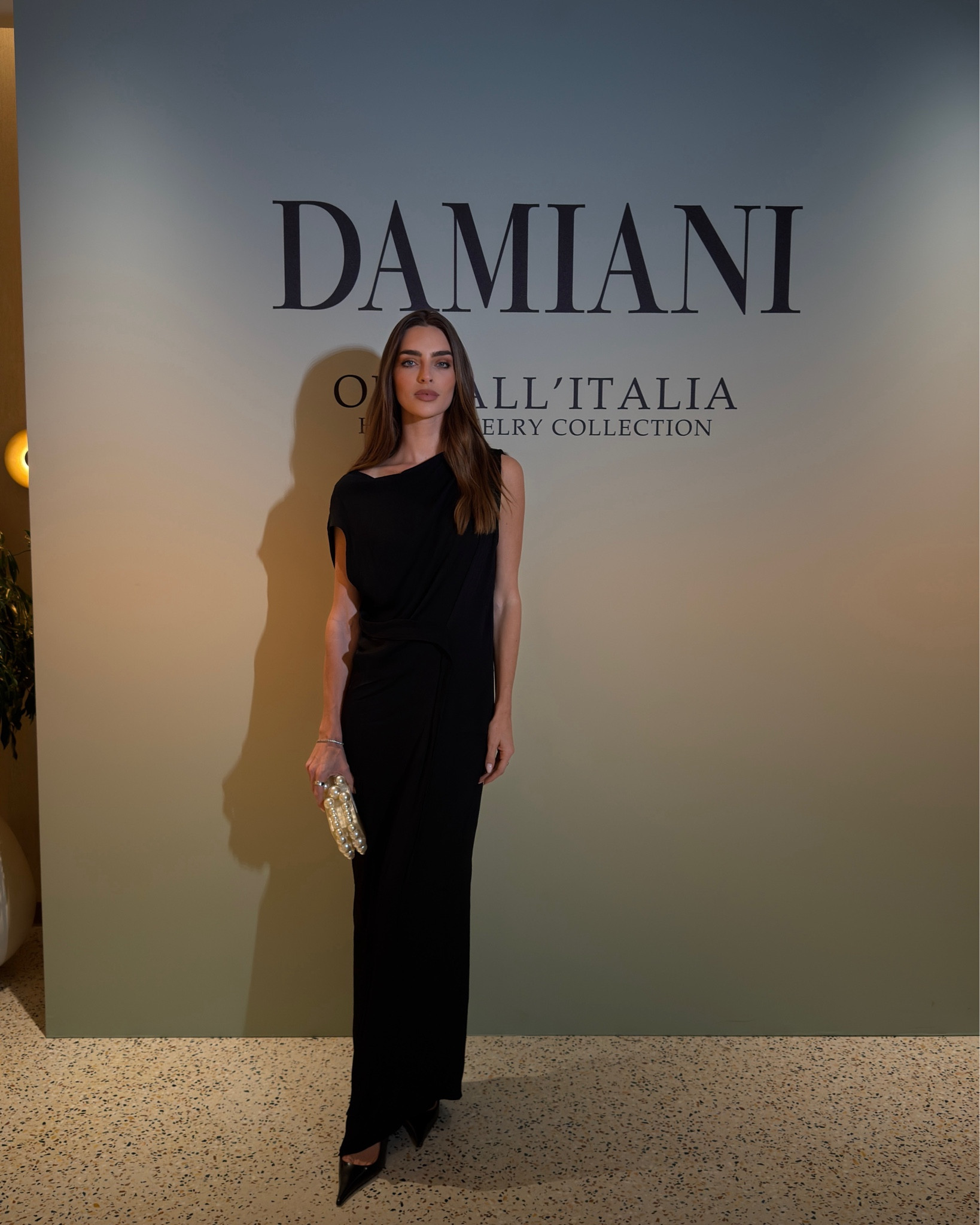 Evening gown, bondi born, cult Gaia clutch, pearl clutch, Saint Laurent heels 