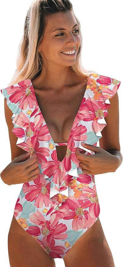 SPORLIKE Women One Piece Swimsuit V-Neck Ruffle Bathing Suit Padded Monokini | Amazon (US)