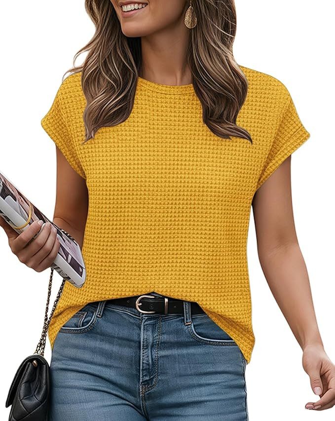 Summer Tops for Women Waffle Knit Tunic Shirts Cap Sleeve Knit Pullover Tank Top Fashion Clothing | Amazon (US)