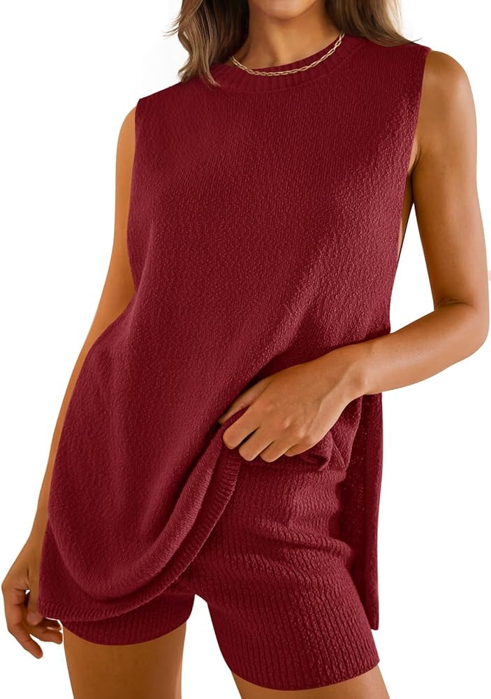 ZESICA Women's Summer Two Piece Sweater Lounge Sets 2024 Casual Knit Trendy Tunic and Shorts Outf... | Amazon (US)