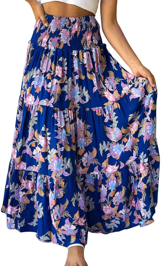 Exlura Women's Bohemian Floral Printed High Waist Pleated Beach Party Long Maxi Skirt | Amazon (US)
