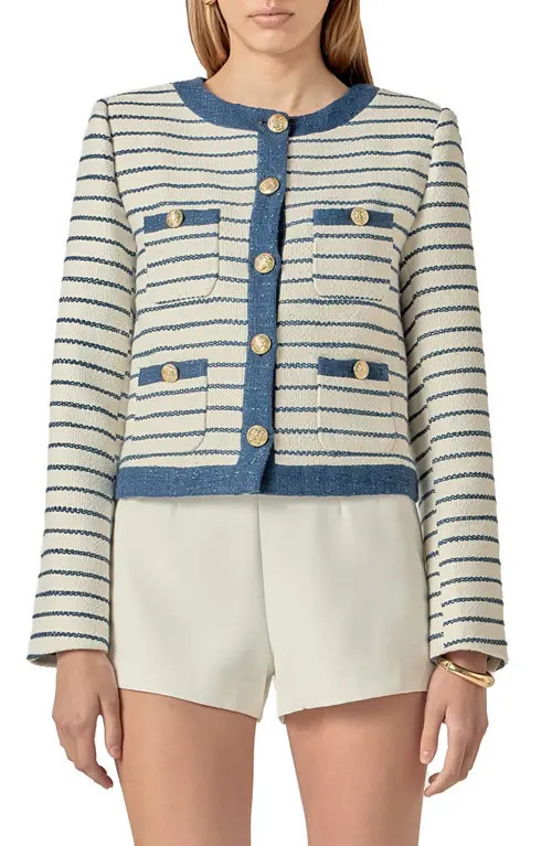 English Factory Crop Bouclé Jacket in White/Blue Stripe at Nordstrom, Size Medium | Nordstrom