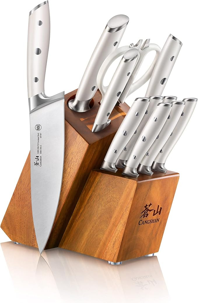 Cangshan Alps Series 1026665 German Steel Forged 12-Piece Knife Block Set, Acacia (White) | Amazon (US)
