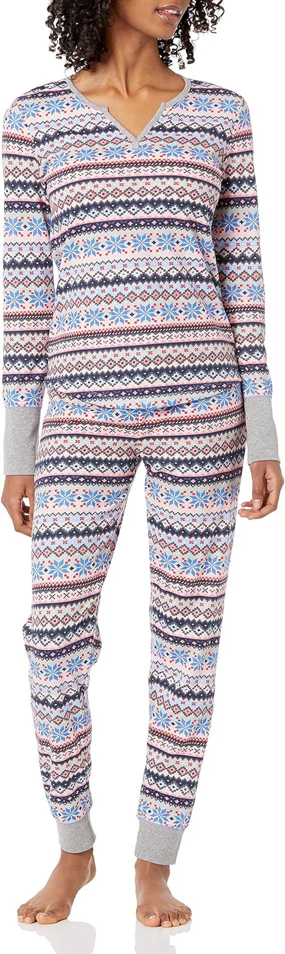 Mae Women's Vintage Thermal Henley Long Sleeve Top with Jogger Pajama Set | Amazon (US)