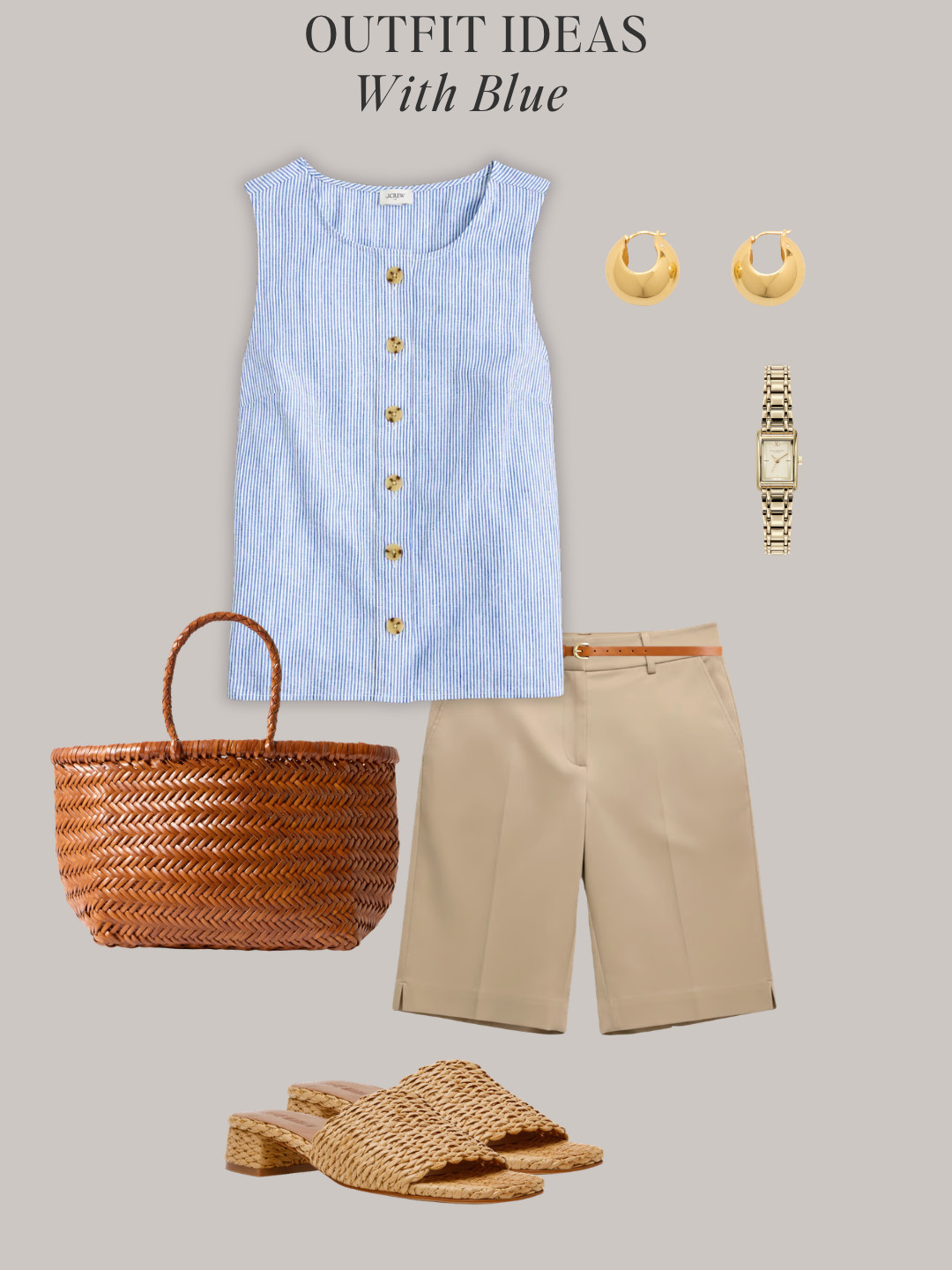 8 outfit ideas with light blue For summer ✔️ All-non light blue color clothes, shoes and accessories are in the Minimal Chic Summer 2026 capsule wardrobe.  

button vest, tailored shorts, slide sandals, sleeveless top, white midi skirt, slingback flats, blue button-down shirt, bermuda shorts, thong sandals, striped vest, linen shirt, tailored pants, white tee, black skirt, straw raffia sandals, tank dress, linen blazer, polo top

#quietluxury #styleguide #effortlesschic #lightblue #summeroutfits 

 