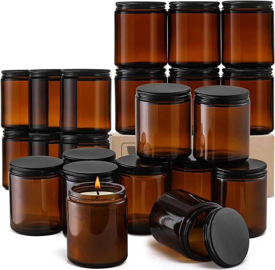 24 Pack, 8 OZ Thick Amber Round Glass Jars with Black Metal Lids - Empty Candle Making Jar, Food ... | Amazon (US)
