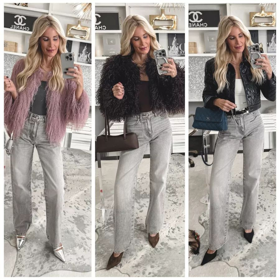 One pair of jeans. Three totally different vibes. ✨ Styling these incredibly slimming, high-waisted, straight-leg gray Zara jeans 3 ways — and yes, they’re on major sale right now (under $30) 🩶Look 1: Fun + flirty pink fringe jacket 🩶Look 2: Chic chocolate brown faux fur jacket 🩶Look 3: Cropped vegan leather Alice + Olivia quilted jacket (hello luxe vibes) Same jeans, totally different moods — and I honestly love all three. Grab these ASAP because I promise they’re going to sell out. Which look is your favorite — 1, 2, or 3? 

 

#LTKootd #LTKOver40 #LTKSaleAlert