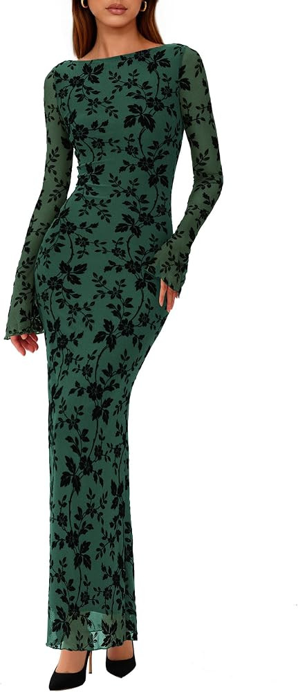 PRETTYGARDEN Women's Floral Bodycon Maxi Dress 2026 Spring Elegant Mesh Long Sleeve Formal Weddin... | Amazon (US)