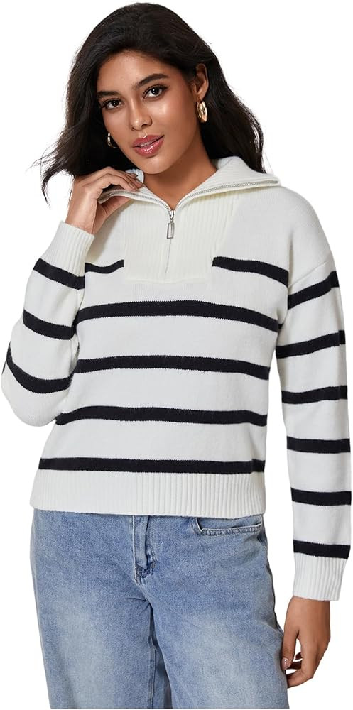 Women's Striped Quarter Zip Pullover Top Long Sleeve Knit Collared Sweaters | Amazon (US)
