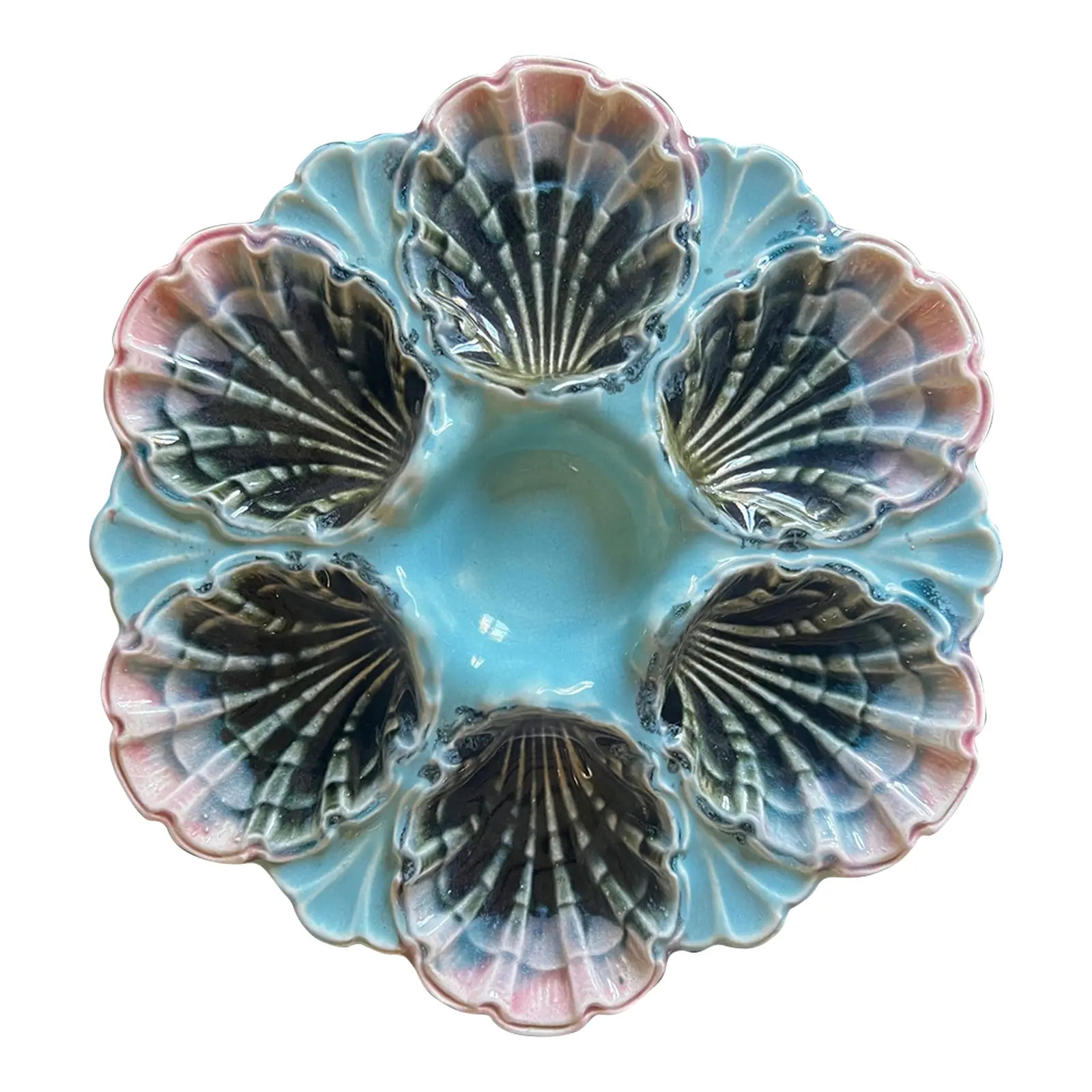French Hand Painted Majolica Five-Lille 6 Well Oyster Plate. C. 1890's | Chairish