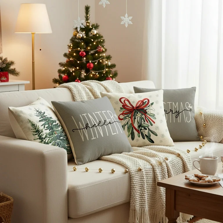 Sm:)e Hello Winter Christmas Tree Pillow Covers 18 x 18 Set of 4, Square Xmas Decorative Farmhous... | Walmart (US)