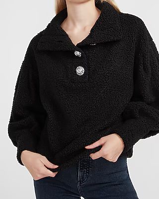 Cozy Jewel Embellished Button Sherpa Sweatshirt | Express