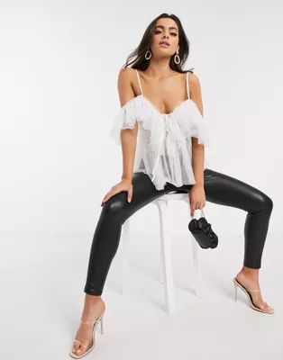 Femme Luxe plunge lace up front tulle cold shoulder ruffle top in white | ASOS (Global)