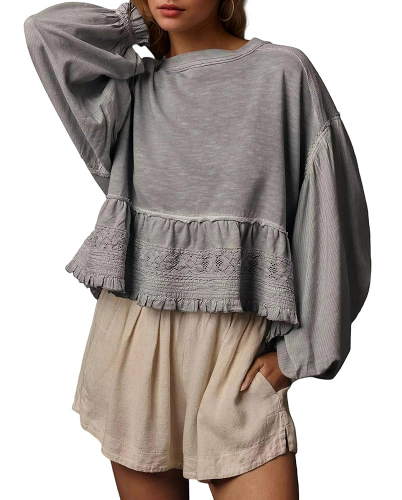 MISSACTIVER Women Oversized Crop Sweatshirts Crew Neck Long Puff Sleeve Babydoll Top Casual Pullo... | Amazon (US)