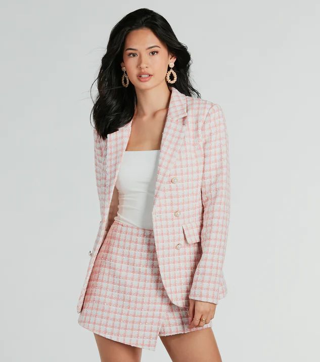 Preppy Beauty Tweed Faux Pearl Button Plaid Blazer | Windsor Stores