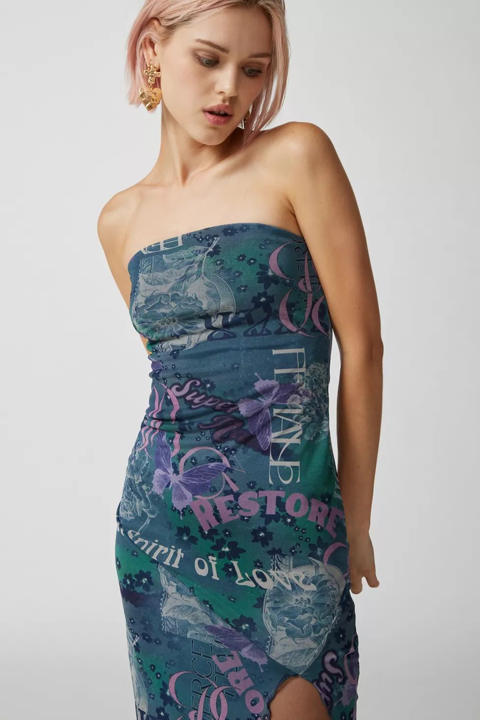 UO Samara Mesh Strapless Slit Midi Dress | Urban Outfitters (US and RoW)
