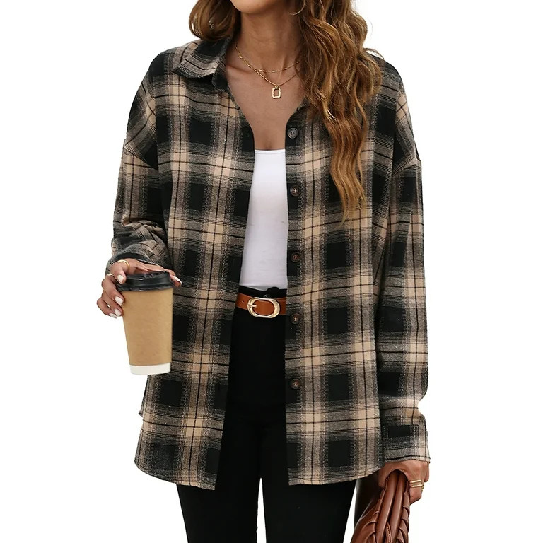 Fantaslook Plaid Flannel Shirts for Women Oversized Long Sleeve Button Down Shirts Blouses Tops | Walmart (US)