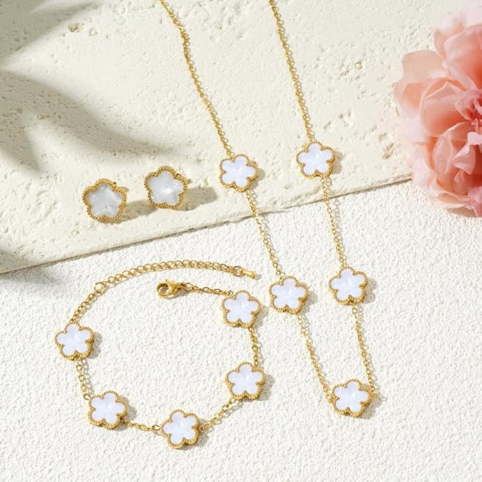 Lucky Clover Neckalce Earring Bracelet Set For Women Gold Plated Stainless Steel Chain Necklace w... | Amazon (US)
