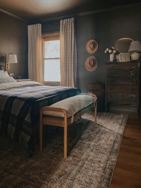 Cabin bedroom product sources! Black metal bed frame and a bench at the end to complete the look! Plus the best neutral plaid curtains that will look good in any space! 

#LTKFind #LTKhome #LTKsalealert