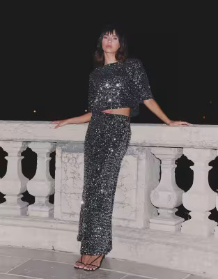 4th & Reckless sequin velvet bow open back cropped top co-ord in black | ASOS (Global)