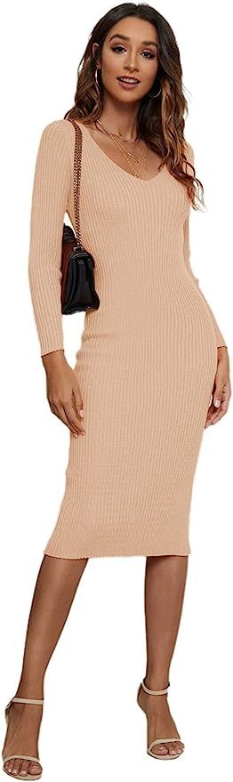 CMZ2005 Women's Long Sleeves Backless Sweater Dress Bekah Deep V Midi Dress 9088 | Amazon (US)