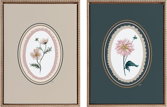 Kate and Laurel Sylvie Beaded Cosmo in Oval and Dahlia in Oval Vintage Framed Canvas Wall Art Set... | Amazon (US)
