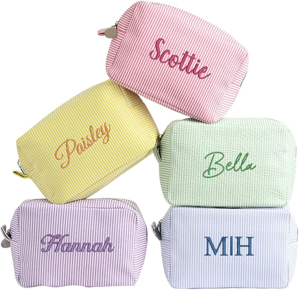 Personalised Striped Embroidered Cosmetic Bag, Customised Makeup Pouch with Name Embroidery, Trav... | Amazon (CA)