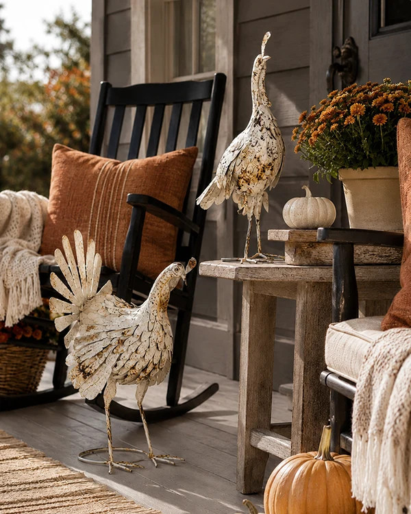 Distressed White Metal Turkeys, Set of Two | Decor Steals