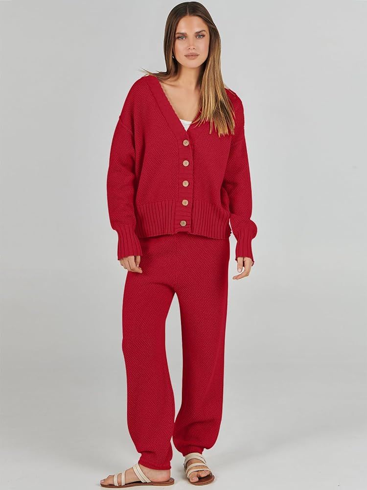 Prinbara Women's 2 Piece Outfits Sweater Set 2023 Fall Oversized Knit Cardigan High Waisted Pants Sweatsuit Lounge Sets | Amazon (US)