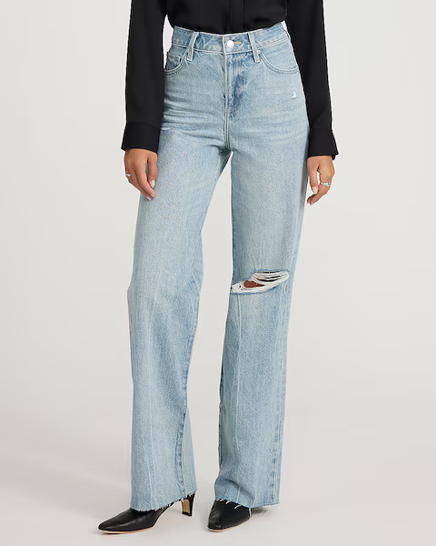 High Waisted Light Wash 50/50 Rigid Stretch Ripped Wide Leg Jeans | Express