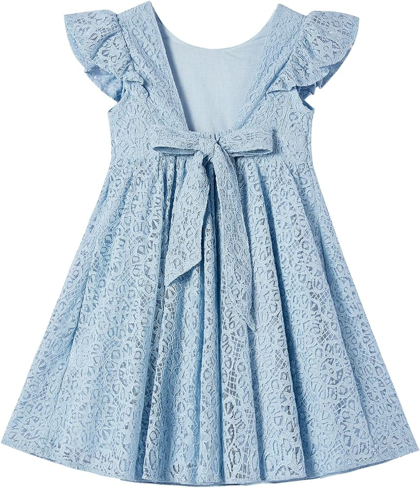 Rysly Toddler Girls Backless Flutter Sleeve Lace Party Dress Elastic Waist Bow Kid Casual Dresses | Amazon (US)