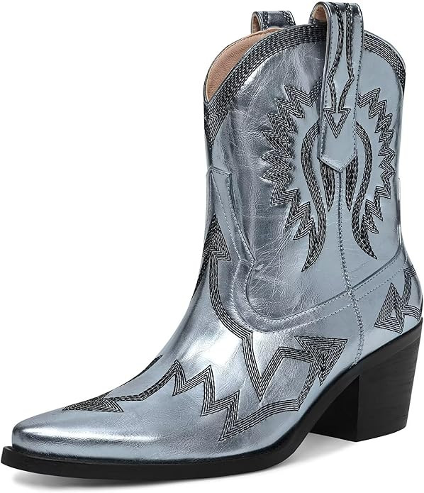 Western Boots for Women Metallic Embroidered Pointed Toe Cowgirl Boots Chunky Heel Pull-On Short ... | Amazon (US)