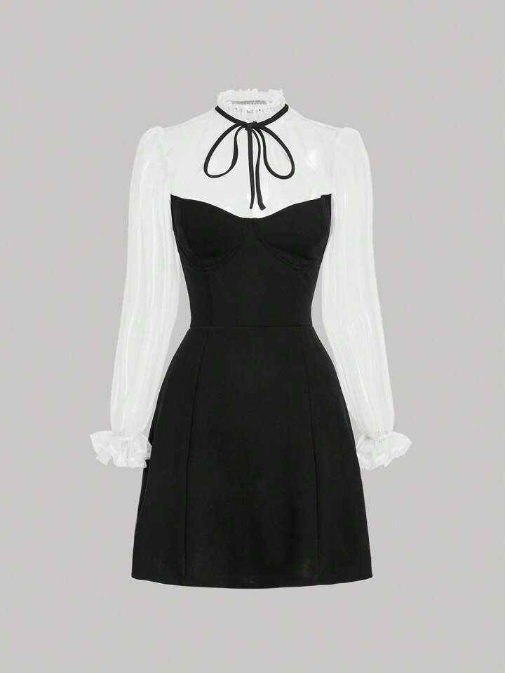 SHEIN MOD Two Tone Tie Neck Flounce Sleeve Dress | SHEIN