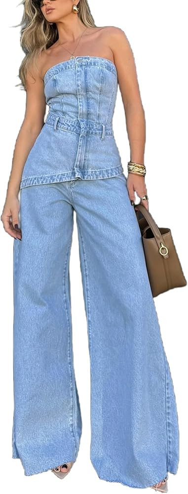 VOIKERDR Denim Set for Women 2 Piece Off Shoulder Top and Wide Leg Jeans Y2K Outfits Streetwear | Amazon (US)