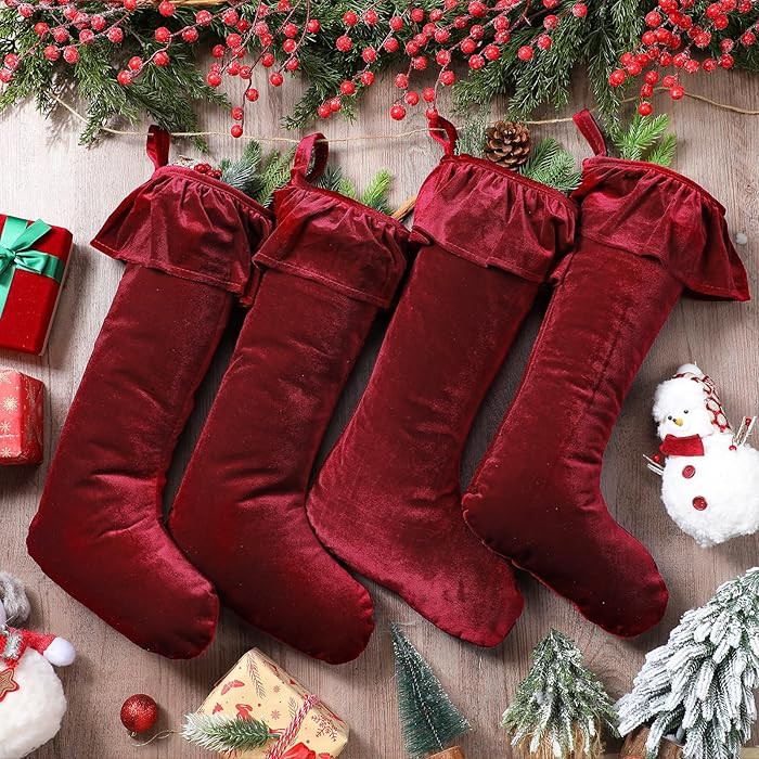 4 Pcs 11.8 x 19 Large Wine Red Velvet Christmas Stocking Xmas Plush Stocking Fireplace Decor Hang... | Amazon (US)