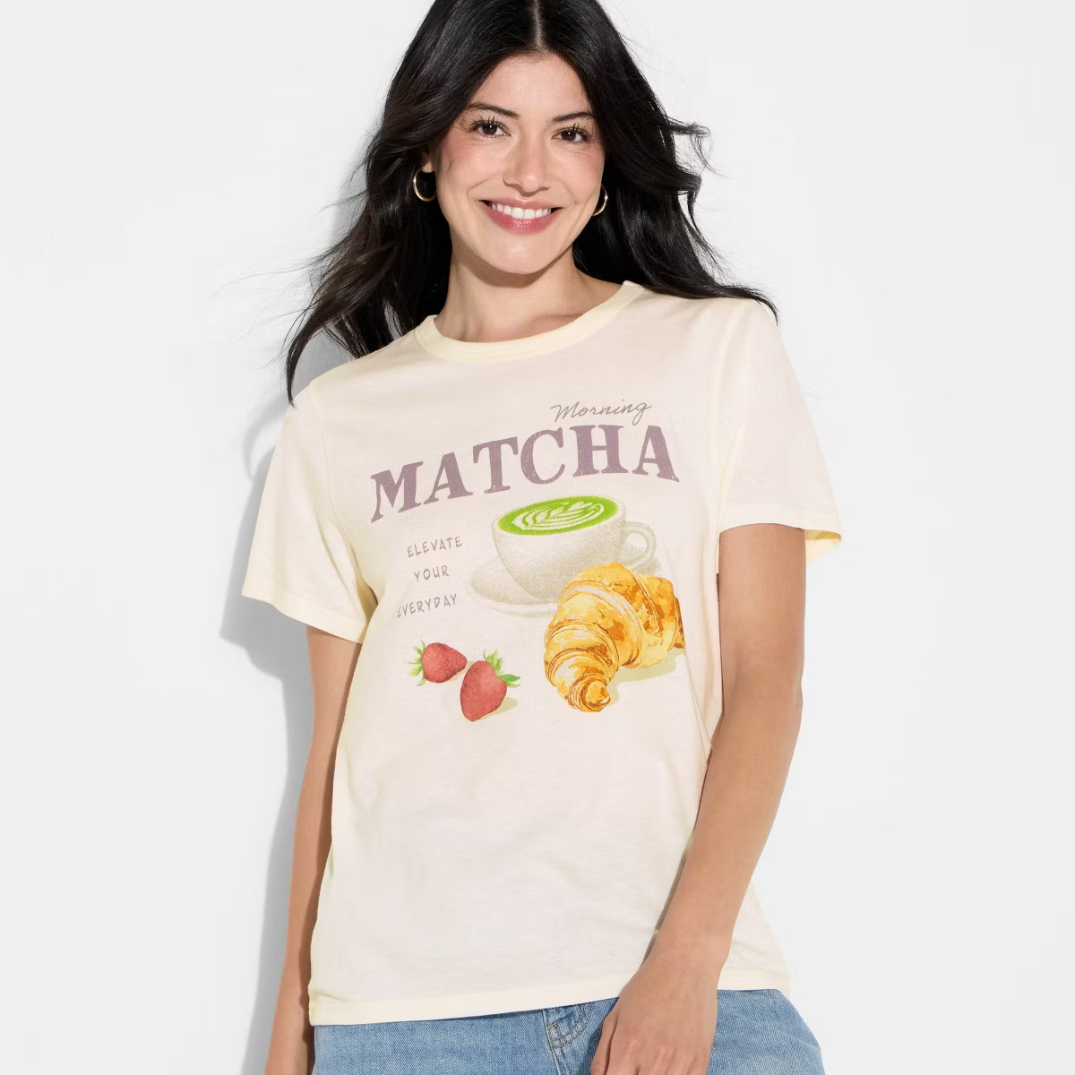 Women's Morning Matcha Short Sleeve Graphic T-Shirt - Off-White XXS | Target