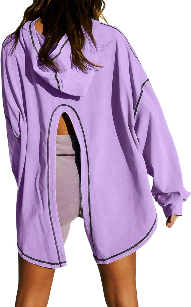 Women Open Back Workout Hooded Sweatshirt Oversized Long Sleeve Side Slit Athletic Shirt Flowy Ho... | Amazon (US)